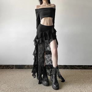 화이트 스위트 디자인 레이스 패치워크 러플 하이웨이스트 Y2k 스커트 여성 여름 불규칙 스커트 롱 스커트 하라주쿠 고스 의류