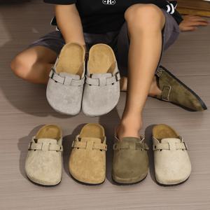 남성용 봄 가을 캐주얼 심플 버클 플랫 힐 세트 웨어 소프트 우드 그레인 솔리드 컬러 PU 슈즈 브레드 헤드 비치 슬리퍼 C