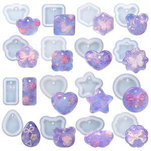 16PCS 실리콘 쥬얼리 금형 키트 구멍 하트 기하학 DIY 에폭시 수지 금형 목걸이 키 체인 펜던트 귀걸이 금형 만들기