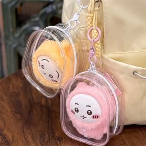 키 체인이있는 12cm PVC 투명 보관 가방 여러 가지 빛깔의 만화 인형 디스플레이 상자 방진 케이스 이어폰 선물 주최자 가방