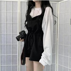 우아한 캐주얼 루즈핏 반바지 스트랩 팬츠 긴팔 쉬폰 탑 베이스 티셔츠 여성용 트렌디한 여름 의상