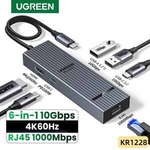 UGREEN 6 in 1 USB C 허브 기가비트 이더넷 어댑터 4K60Hz HDMI PD100W 충전 10Gbps USB A&C 3.2 데이터 포트 노트북 아이패드용
