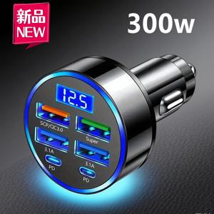 300W 6포트 차량용 충전기 고속 충전 QC3.0 6 in 1 4USB 2PD 전압 표시 기능 포함 아이폰 OPPO 삼성 화웨이 어댑터
