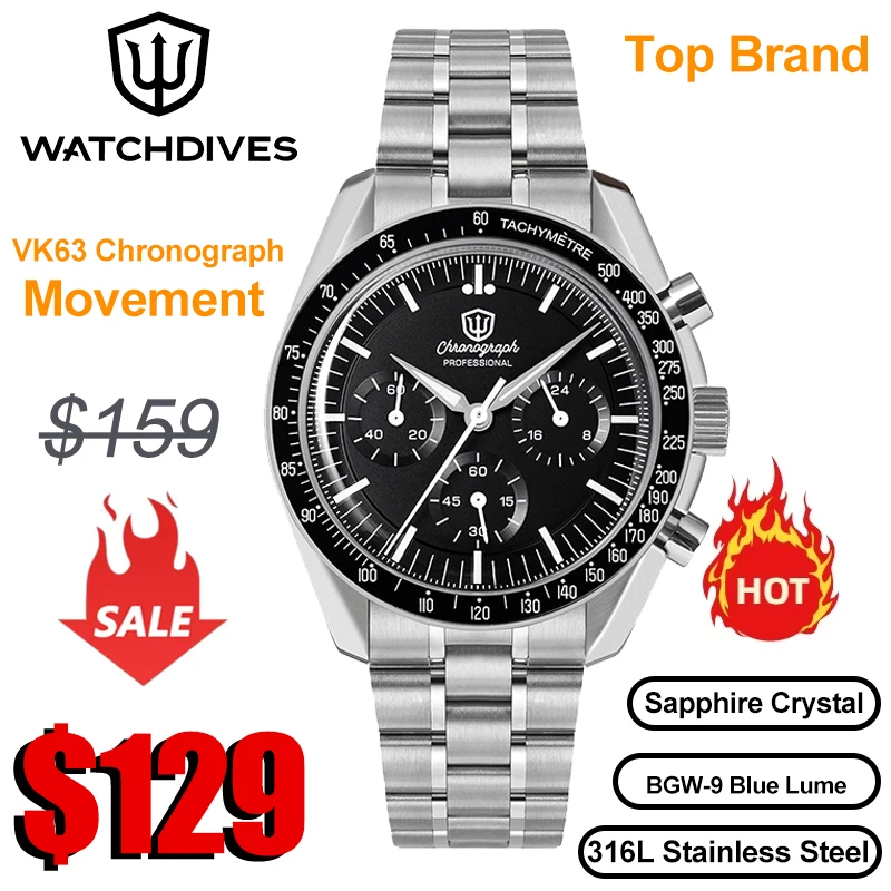 Watchdives 새로운 Wd1863 쿼츠 남성용 시계 VK63 크로노그래프 버블 사파이어 방수 39Mm 스틸 최고 브랜드 럭셔리 비즈니스 시계