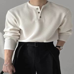 아메리칸 레트로 헨리 칼라 긴팔 티셔츠 남성 캐주얼 루즈핏 폴로셔츠 젊은층 인기 기본 디자인 통기성 좋은 피부 친화적