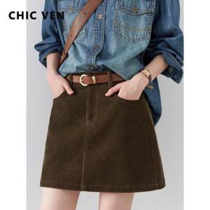CHIC VEN 여성 스커트 캐주얼 A라인 뉴 레트로 하이웨이스트 코듀로이 하프 스커트 핏 스트라이프 오피스 레이디스 스커트 봄 가을 2025
