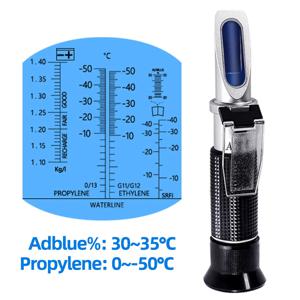 4 in 1 휴대용 자동차 굴절계 차량 30-35% Adblue 유체 글리콜 요소 테스터 ATC가 포함된 배터리 부동액