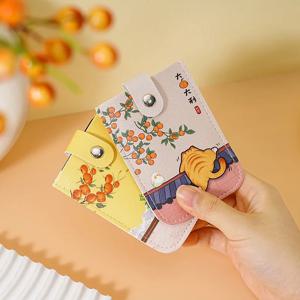 중국 스타일 고양이 & 오렌지 프린트 PU 가죽 스냅 버튼 카드 홀더