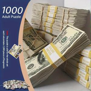 1,000피스 직소 퍼즐 - 금색 일련번호가 있는 사실적인 미국 달러 지폐 모형, 성인을 위한 복잡한 돈 퍼즐 - 챌렌
