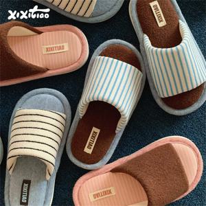 XIXITIAO 창의적인 컬러 블록 스트라이프 커플 면 슬리퍼 침실 사계절 일본 스타일 삼베 바닥 신발 남녀 공용