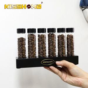 커피콩 보관 용기 통기성 뚜껑이 있는 유리관 병 나무 디스플레이 랙 바리스타 액세서리 커피웨어 세트 선물