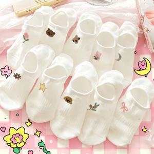 여성용 패션 화이트 보트 양말, 로우컷 보이지 않는 양말, 노쇼 양말, 스윗 스타일, 귀여운 만화 패턴, 학생 양말