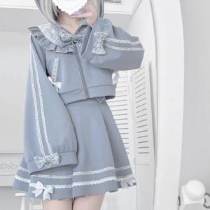 일본 고딕 Y2K 로리타 스타일 스커트 세트 여성용 귀여운 리본 후드 숏 코트 레이스 패치워크 미니 스커트 하라주쿠 패션 수트