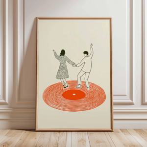 춤추는 커플 벽 예술 인쇄물, 복고풍 레코드 플레이어 포스터, 홈 바 또는 거실을 위한 현대 음악에서 영감을 받은 일러스트레이션