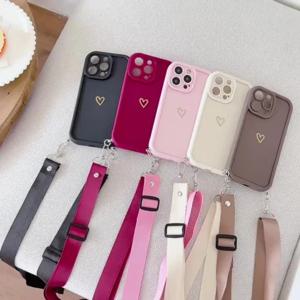 럭셔리 골드 하트 폰 케이스 (아이폰 18, 17, 16, 15, 14, 13, 12, 11 프로 맥스, 16E, X, XR, XS용) 조절 가능한 휴대용 스트랩 포함