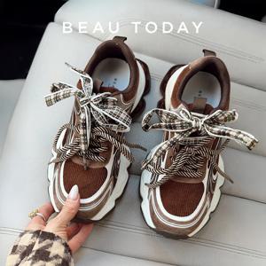 BEAUTODAY 청키 스니커즈 여성 스웨이드 가죽 혼합 색상 라운드 발가락 더블 신발 끈 트레이너 숙녀 신발 수제 29A62