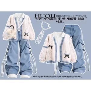 스위트 스타일 아동용 대학 니트 가디건 도파민 워크웨어 바지 4종 세트 가을 겨울 한국 스타일 아동복