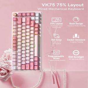 Womier VK75 유선 기계식 키보드 레트로 핑크 커스텀 핫스왑 키보드 PC 컴퓨터 노트북용