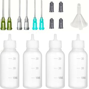 니들 애플리케이터 병 세트 - 30ml 스퀴즈형 병, 보관 캡, DIY 라인스톤 부착, DIY 접착제 디스펜싱, DIY 공예 용품, DIY 의류 바느질 용품, 플러스 바느질 오일 병, 14Ga 16Ga 18Ga 바늘 및 미니 깔때기, 접착제 부착용, 정밀 오일 디스펜서, 실험실용