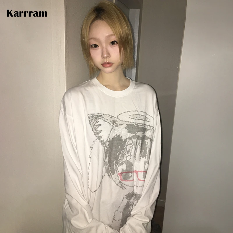 Karrram 일본 Y2k 애니메이션 프린트 티셔츠 2000년대 한국 스타일 긴팔 티셔츠 빈티지 하라주쿠 큐트코어 화이트 탑 카와이 00년대
