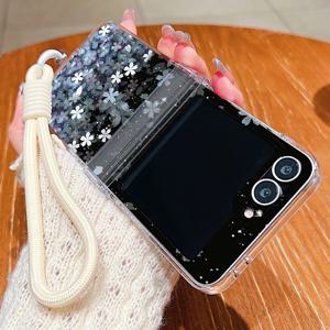 벚꽃 랜야드 폰 케이스 삼성 갤럭시 Z 플립 8 7 FE 6 5 4 3 5G 폴딩 하드 투명 커버 삼성 Z 플립7 플립6용