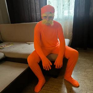 할로윈 파티 점프수트 오렌지색 의상 노란 콧수염과 눈썹이 드러나는 오렌지색 바디수트 어린이와 성인용 가면 무도회 의상