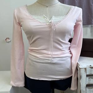 레이스 트림 긴팔 티셔츠 여성 봄 스트리트웨어 코튼 슬림 V넥 레이스업 탑스 스윗 큐트 핑크 시크 티셔츠
