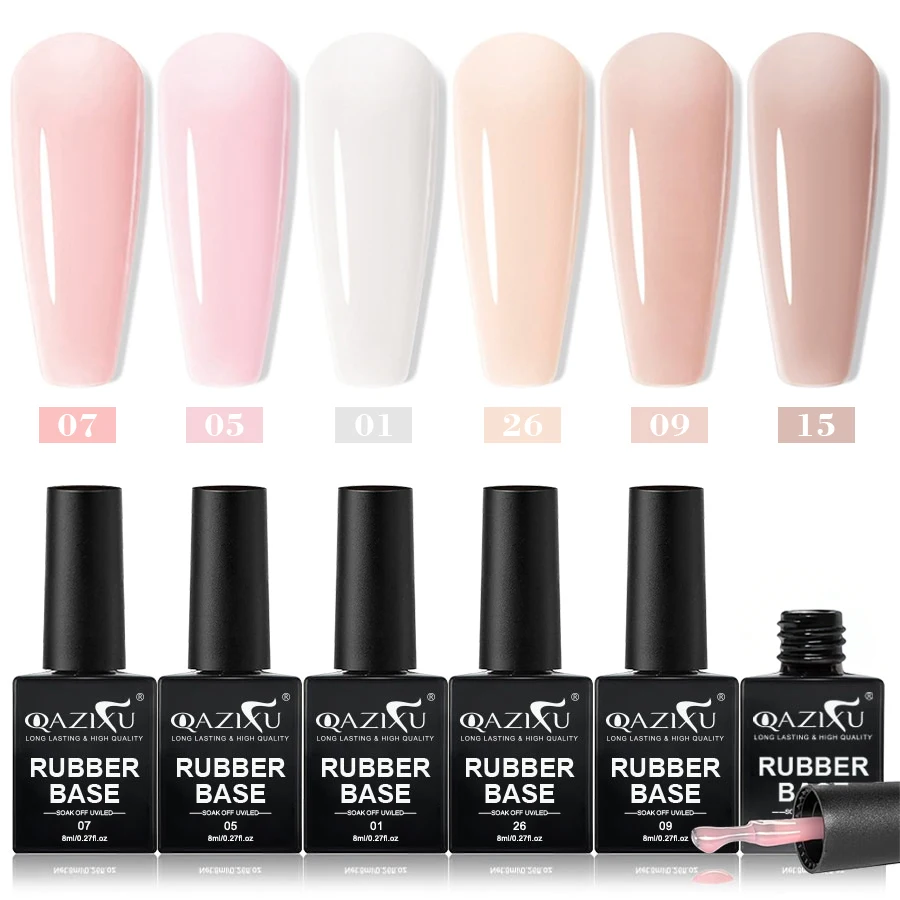 QAZIXU 8ml 러버 베이스 젤 네일 폴리쉬 세트 6가지 색상 젤리 핑크 내추럴 컬러 세미 퍼머넌트 쏙 오프 UV LED 네일 아트 DIY