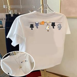 만화 고양이 프린트 티셔츠 여름 여성 코튼 티셔츠 기본 오넥 오버사이즈 반팔 탑 캐주얼 스트리트 여성 의류