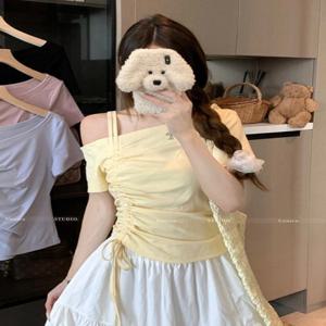 스위트 원 숄더 드로스트링 반팔 티셔츠 여성 여름 오프숄더 탑 우아하고 섹시한 솔리드 컬러 크롭 베이직 블라우스