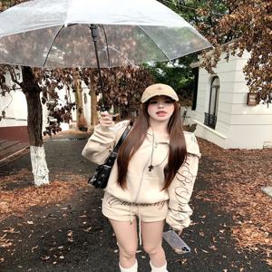 레트로 아메리칸 자수 레터 후드 지퍼 스웨트셔츠 자켓 여성 하이웨이스트 울트라 숏 팬츠 세트 봄 캐주얼웨어