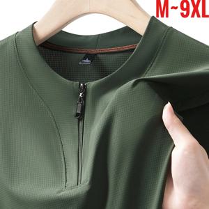 빅사이즈 9XL 남성 아이스 실크 헨리넥 반지퍼 티셔츠 남성 여름 시원한 플러스 라지 스트레치 반팔 티셔츠 루즈핏 티셔츠
