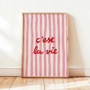 현대, 복고풍 C'est La Vie 인용문 핑크 줄무늬 벽 아트 인쇄 캔버스 회화 포스터 그림 침실, 거실 홈 장식