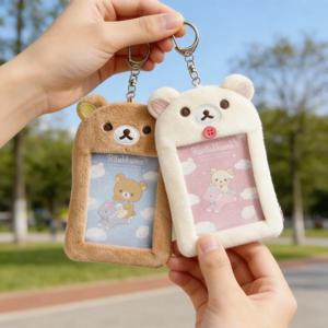 릴라쿠마 플러시 키체인 키링 만화 애니메이션 카드 홀더 사진 보호 케이스 소프트 백 펜던트 키 체인 액세서리 선물용