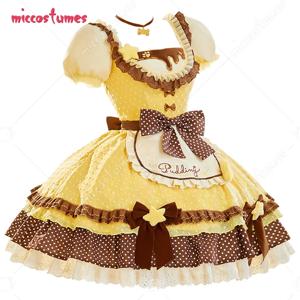 Miccostumes 여성용 노란색 의상 애니메이션 인형 코스프레 귀여운 로리타 슈트 폴카 도트 컬러 블록 드레스 앞치마와 모자 포함