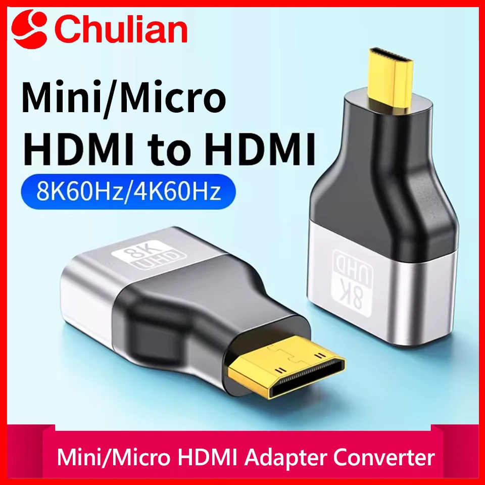 8K@60Hz 미니 마이크로 HDMI 호환 남성-여성 HDMI 2.1 호환 어댑터 컨버터 (카메라, 태블릿, 노트북, HDTV 모니터용)