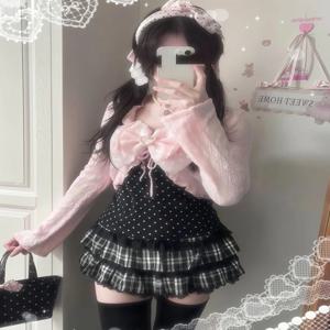 일본 빈티지 핑크 가디건 + 슬림 폴카 도트 캐미솔 하이웨이스트 숏 스커트 스위트 디자이너 핫걸 봄 신상 3종 세트