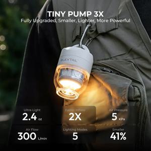 FLEXTAIL TINY PUMP 3X - 5kPa 초경량 휴대용 에어 펌프, 5가지 모드 캠핑 라이트, 캠핑 및 여행용 다용도