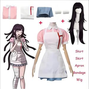 Danganronpa Mikan Tsumiki 코스프레 의상 가발 포함 애니메이션 할로윈 절망 궁극의 간호사 유니폼 메이드 의상 여성용 풀 세트