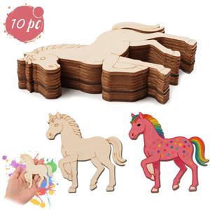 10개의 미완성 나무 동물 말 모양 조각품, 나무 장식용 공예 세트, DIY 아트 공예 페인팅 홈 파티 장식