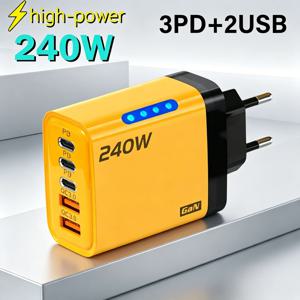 240W 5포트 GaN 고속 USB 충전기 멀티 포트 벽면 전원 어댑터 퀵차지 휴대폰 충전기 EU US 플러그 (아이폰, 삼성, 샤오미용)