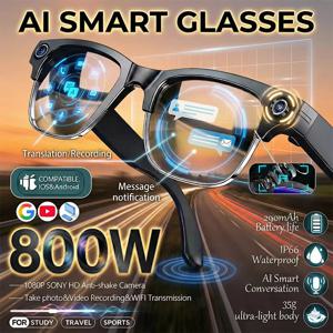 새로운 업그레이드 800W 픽셀 스마트 안경, 카메라 비디오 녹화, AI 사진 인식, 통화, 언어 번역, 음성 지원 선글라스