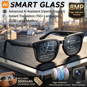 2026년 신형 8MP 4K HD 카메라 AI 안경 남성용 3600mAh 보조배터리 32G 메모리 160+ 번역 안경 방수 스마트 선글라스 여성용