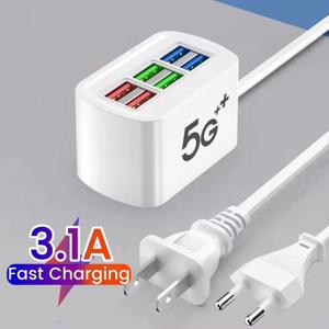 데스크탑 6 in 1 USB 고속 충전 스테이션 멀티탭 1m 케이블 USB 허브 어댑터 소켓 (아이폰 16, 17, 삼성, 샤오미 호환) EU/US 플러그
