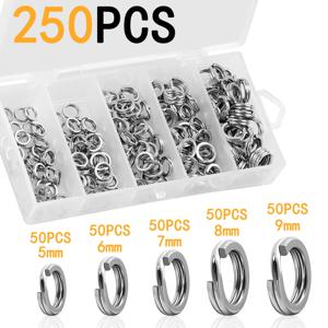 200/250Pcs 낚시용 스테인레스 스틸 스플릿 링 5가지 사이즈 고강도 대형 인장력 낚시 루프 낚시 루어 커넥터
