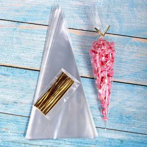 50pcs 캔디 가방 셀로판 팝콘 가방 콘 쿠키 보관 가방 골드 트위스트 넥타이 웨딩 생일 파티 호의