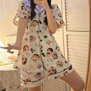 2pcs Kawaii Crayon Shin-Chanss 잠옷 반팔 반바지 인쇄 통풍이 잘되는 느슨한 편안한 소녀 생일 홈웨어 선물