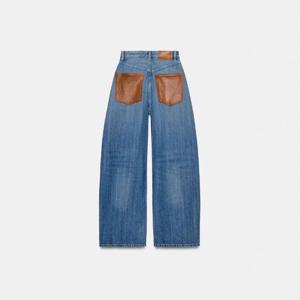 Deeptown Baggy 여성 블루 진 빈티지 캐주얼 PU 가죽 브라운 패치 워크 스트레이트 데님 바지 클래식 베이직 시크 여성 진