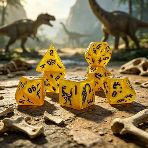 쥬라기 골드 공룡 주사위 세트, 7개 노란색 각인 DND 주사위 (파란색 잉크) 선사시대 공룡 TTRPG 및 롤플레잉용
