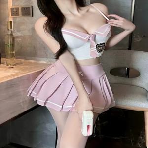 스윗 퓨어 데지어 로우컷 컬러 블록 스트랩 베스트 학생복 나비 리본 주름 숏 스커트 유니폼 세트 여성 패션